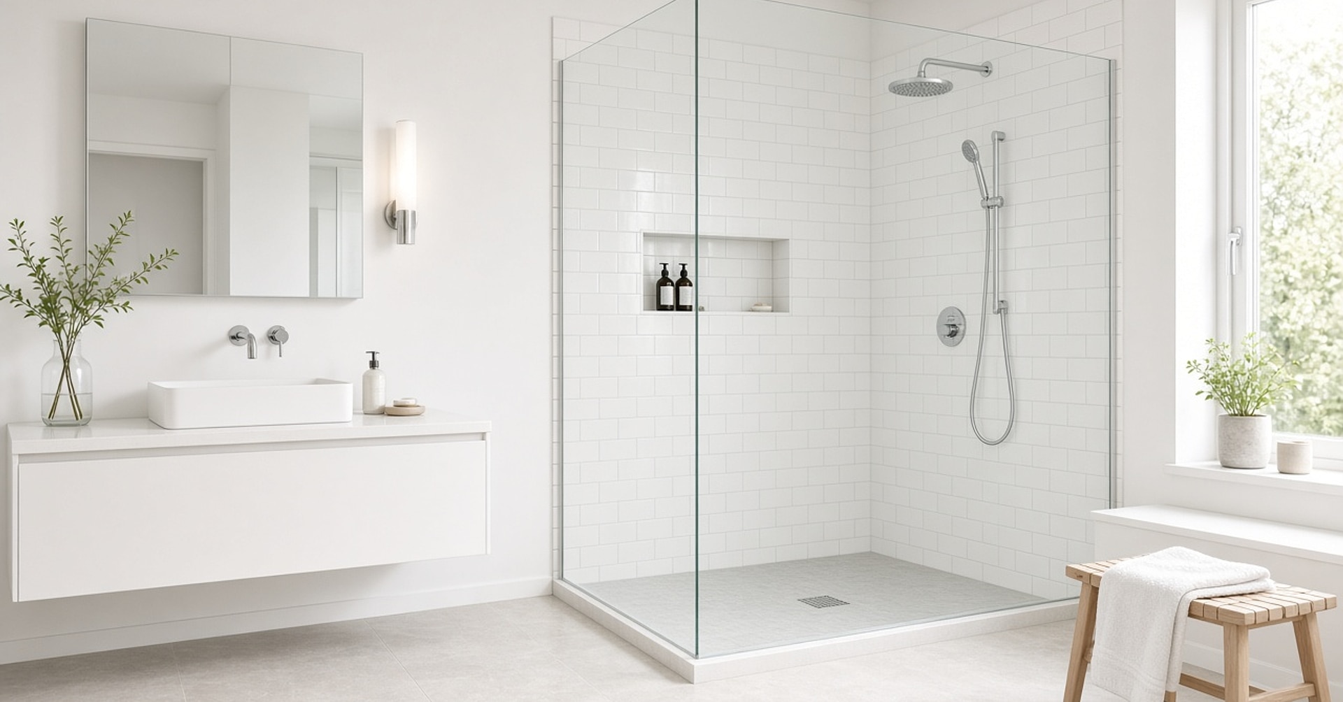 Salle de bain blanche minimaliste avec douche walk-in