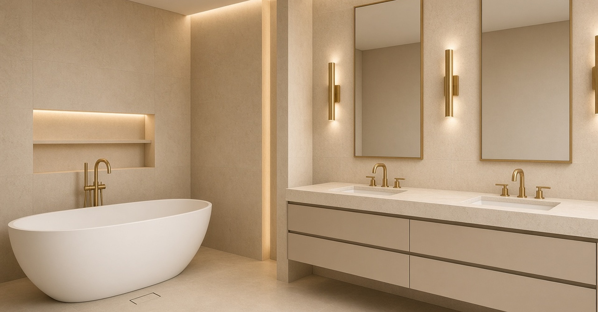 Salle de bain beige avec baignoire îlot et robinetterie laiton