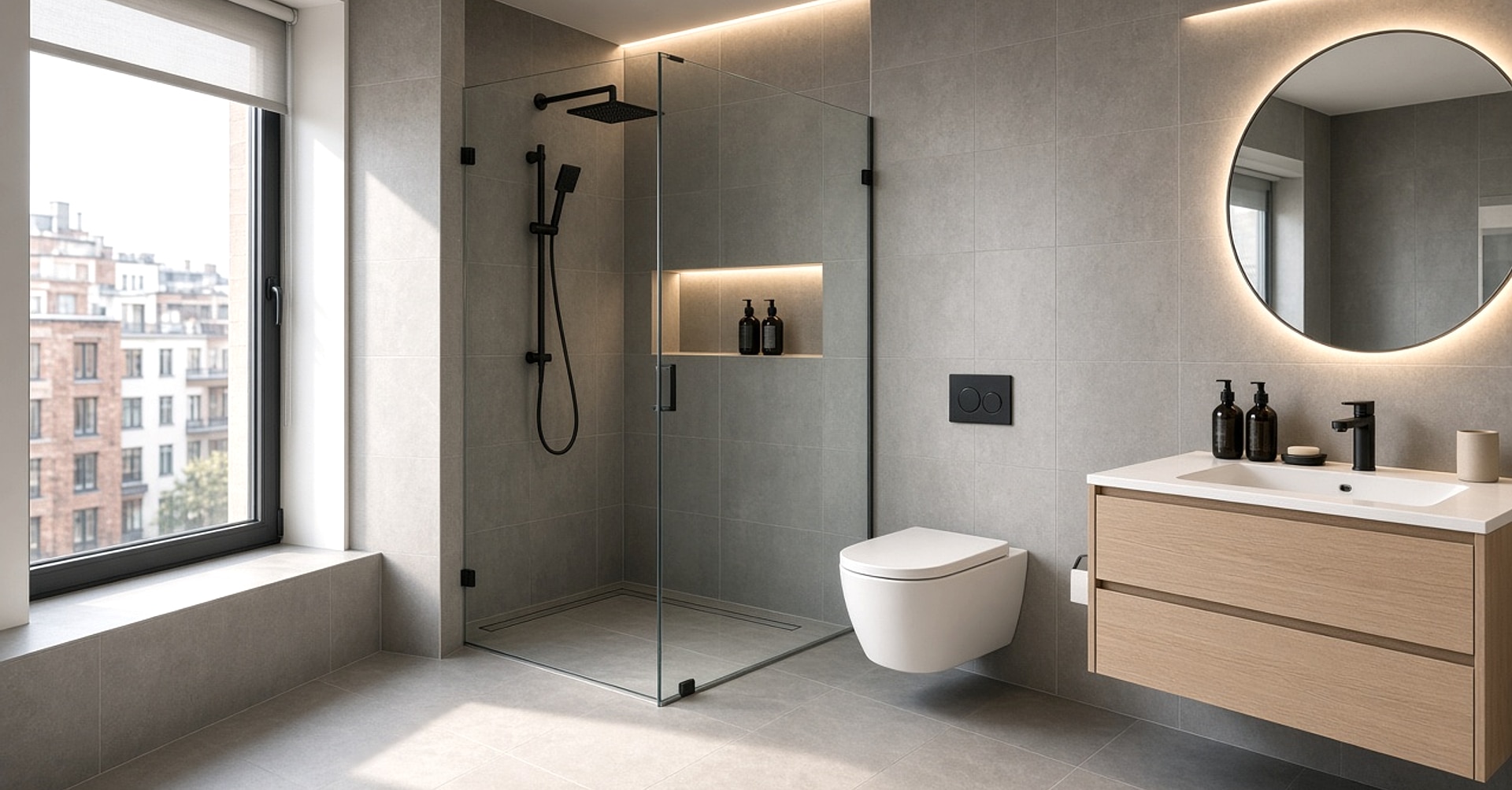Salle de bain grise lumineuse avec douche et fenêtre