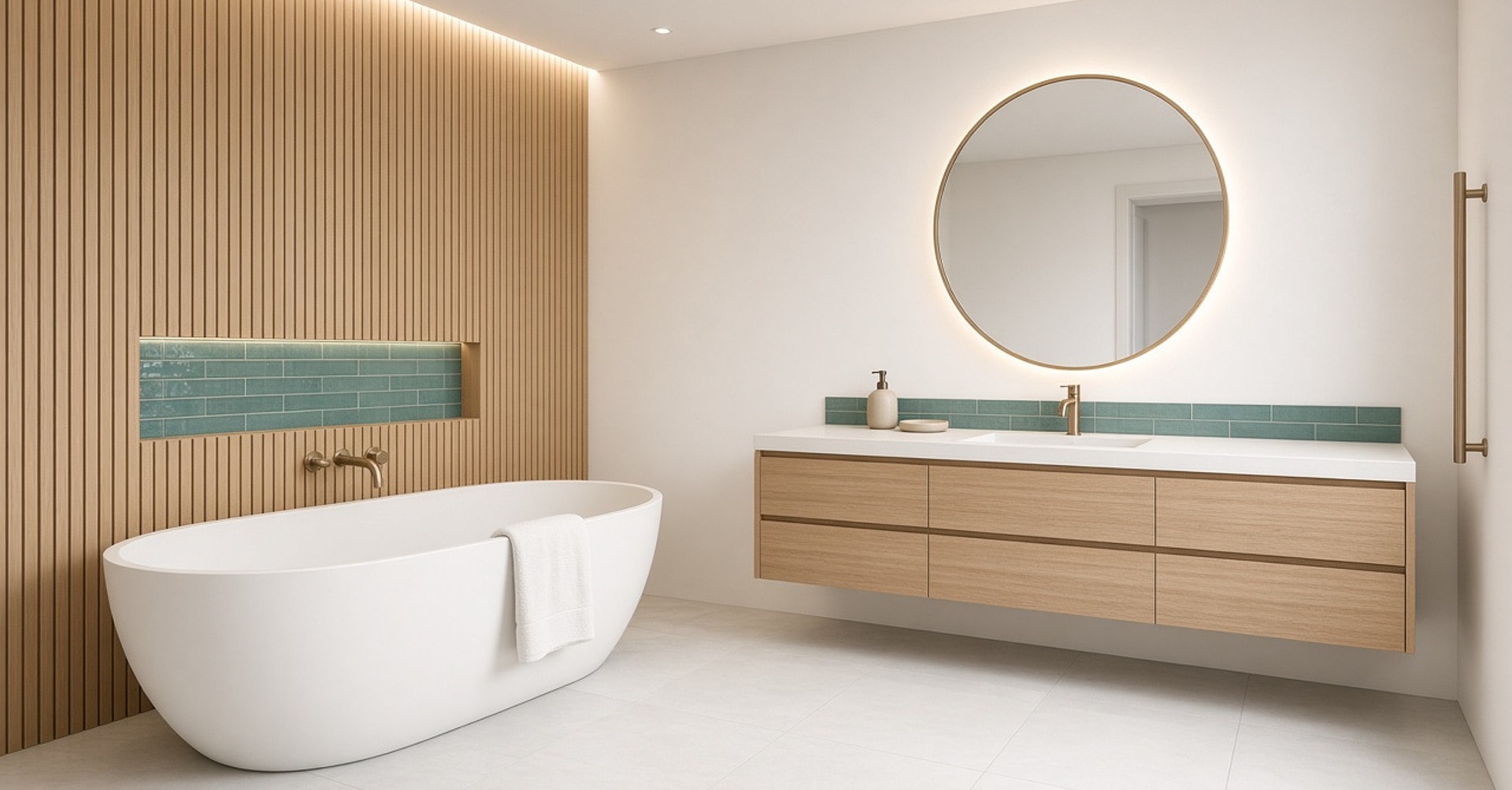 Salle de bain spa bois clair, baignoire et accent vert d'eau